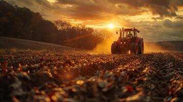 AI generated a tractor driver in a field, with the sun setting in the background photo