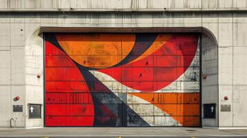 AI generated An artistic image of a garage door with a unique, abstract mural painted on it photo