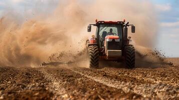 ai generado tractor arada campo con dinámica suelo polvo nube foto