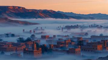 ai generado un Desierto ciudad en el temprano mañana, con de poca altura edificios envuelto en un suave niebla foto