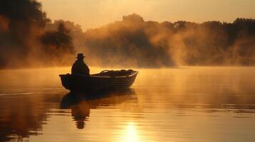 ai generado un Pato cazador en un rústico bote, deslizamiento silenciosamente a través de un tranquilo lago a amanecer foto