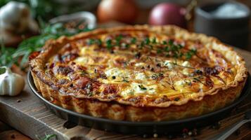 AI generated a whole quiche with a crumbly, buttery crust and a savory filling of caramelized onions and goat cheese photo