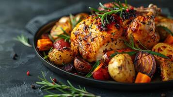 AI generated Roasted Chicken With Potatoes and Herbs on Wooden Platter photo