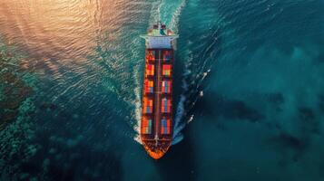 AI generated Cargo Ship Sailing on Vibrant Blue Ocean photo