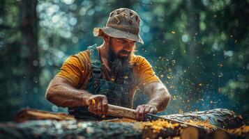 ai generado mayor artesano tallado a mano madera en bosque foto