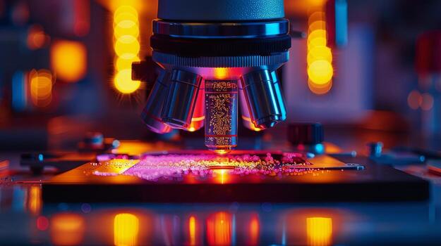 AI generated An artistic image of a microscope with a colorful sample illuminated under the lens photo