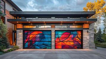 AI generated An artistic image of a garage door with a unique, abstract mural painted on it photo