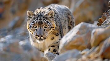 ai generado un nieve leopardo, sus pulcro piel mezcla sin problemas con el rocoso himalaya terreno foto