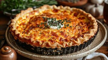 AI generated a whole quiche with a crumbly, buttery crust and a savory filling of caramelized onions and goat cheese photo