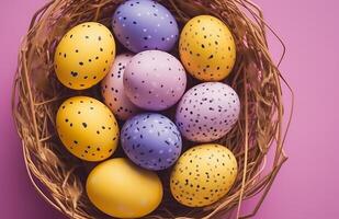 AI generated colorful easter eggs nestled in a wicker basket on pink background photo