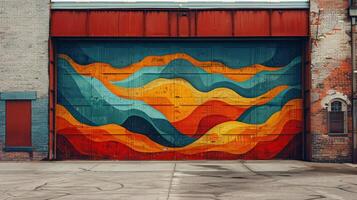 AI generated An artistic image of a garage door with a unique, abstract mural painted on it photo