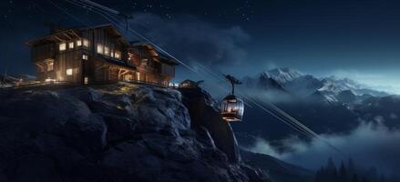 AI generated cabin on a mountain with a cable car photo