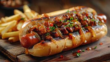 AI generated gourmet hot dog, with a juicy sausage topped with caramelized onions photo