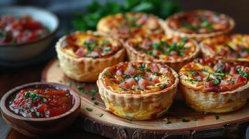 AI generated a mini quiche, individually sized and filled with a mixture of ham photo