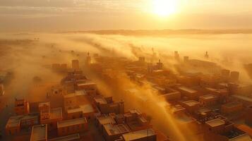 ai generado un Desierto ciudad en el temprano mañana, con de poca altura edificios envuelto en un suave niebla foto