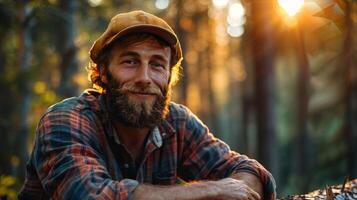 AI generated a handsome lumberjack taking a break, leaning on his ax, with a gentle smile on his face photo