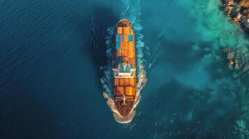 AI generated Cargo Ship Sailing on Vibrant Blue Ocean photo