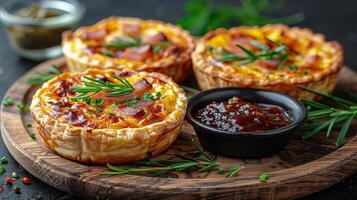 AI generated a mini quiche, individually sized and filled with a mixture of ham photo