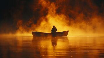 ai generado un Pato cazador en un rústico bote, deslizamiento silenciosamente a través de un tranquilo lago a amanecer foto