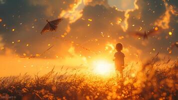 ai generado un niño en pie solo en un prado a atardecer, participación un cometa conformado me gusta un pájaro foto