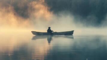 ai generado un Pato cazador en un rústico bote, deslizamiento silenciosamente a través de un tranquilo lago a amanecer foto