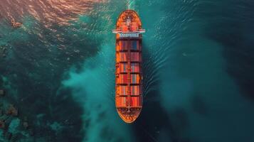 AI generated Cargo Ship Sailing on Vibrant Blue Ocean photo