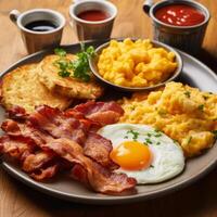 AI generated English breakfast featuring crispy hash browns, fluffy scrambled eggs, and grilled bacon photo