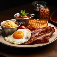 AI generated English breakfast featuring crispy hash browns, fluffy scrambled eggs, and grilled bacon photo