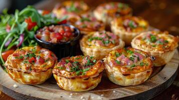 ai generado un mini Quiche, individualmente tamaño y lleno con un mezcla de jamón foto