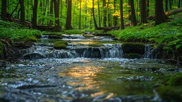 AI generated A gentle stream flowing through a forest photo