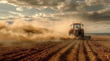 ai generado tractor arada campo con dinámica suelo polvo nube foto