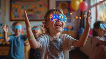 AI generated children engaged in a game of pin the tail on the donkey photo