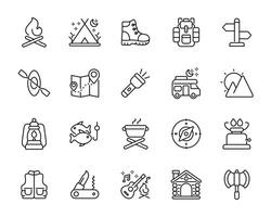 Camping line icon set isolated on white background vector