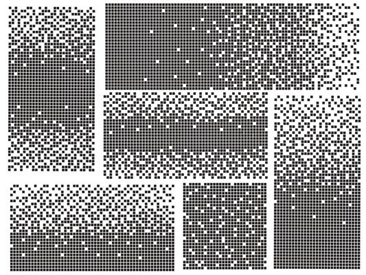 set of abstract pixel gradient seamless horizontal background. Decay effect. Dispersed dotted pattern. Concept of disintegration.