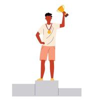 Vector illustration of man stand on the award winners podium and hold the winners cups.