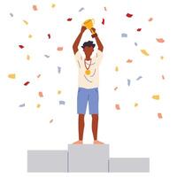 Vector illustration of man stand on the award winners podium and hold the winners cups.