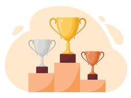 Winners podium with cups. Prizes for the Champions. Gold, silver and bronze cups. Vector illustration