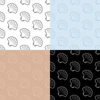 set of seamless patterns with closed sea shell icon. Scallop, edible shellfish and seafood. Ornament for decoration and printing on fabric. Design element. Vector