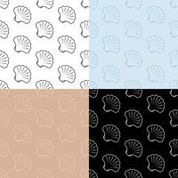 set of seamless patterns with closed sea shell icon. Scallop, edible shellfish and seafood. Ornament for decoration and printing on fabric. Design element. Vector