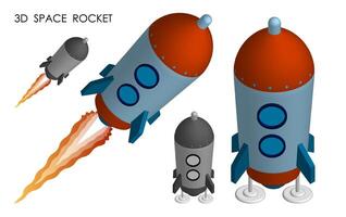 Isometric flying space rocket. Flights to Mars, Moon and planets of solar system. Technologies for space exploration. Realistic 3D vector