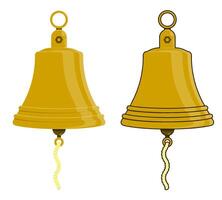 shiny metal ship bell on mount. Ringing bell on boat. Colored vector in cartoon style