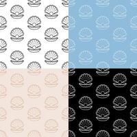 set of seamless patterns with sea shining pearl icon in open shell. Ornament for decoration and printing on fabric. Design element. Vector