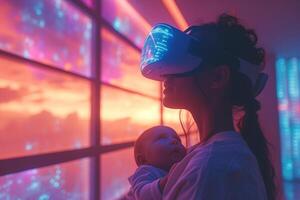 AI generated mother wears VR goggles and holds her baby, Illustration by artificial intelligence photo