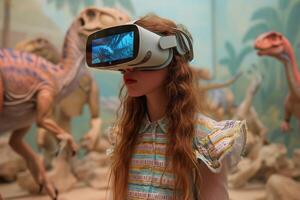 AI generated Young woman wears VR glasses and sees the dinosaur world. Illustration by artificial intelligence photo