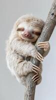 AI generated Sleepy Sloth, A baby sloth clinging to a branch with its tiny claws, background image, generative AI photo