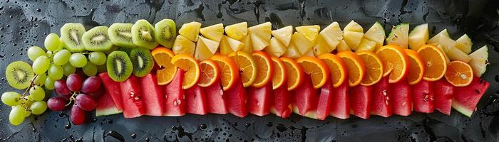 ai generado un vibrante arreglo de rebanado frutas en un formación de colores, generativo ai, antecedentes imagen foto