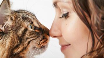 AI generated Close-up of the girl and her cat touching noses affectionately, with both looking directly into the camera, against a clean white background, generative AI photo