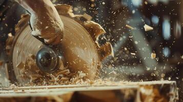 AI generated Carpenter using a saw or other cutting tool to carefully shape wood, with sawdust flying and focused concentration, background image, generative AI photo