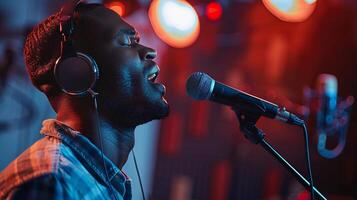 ai generado un hombre vistiendo auricular mientras canto en frente de micrófono en contra música estudio fondo, antecedentes imagen, generativo ai foto