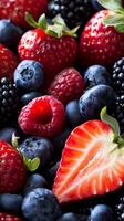 AI generated Berry medley, assortment of fresh berries including strawberries blueberries raspberries and blackberries, generative AI, background image photo